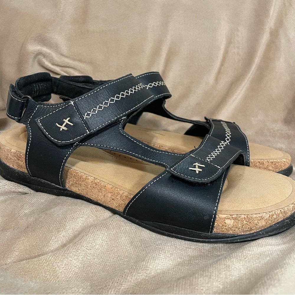 Clarks Black Leather Cork Footbed Sandals.